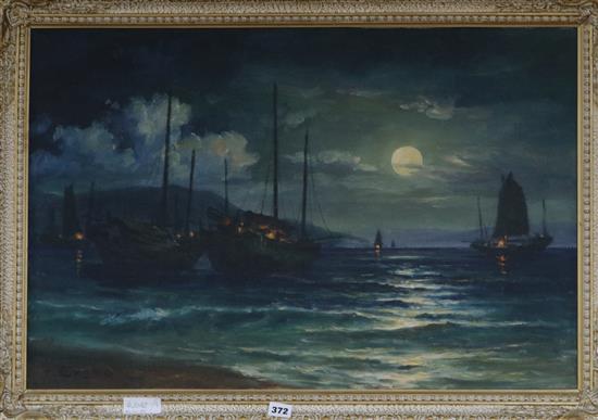 H. Cheng, oil on canvas, Aberdeen Hong Kong, signed, 50 x 75cm
